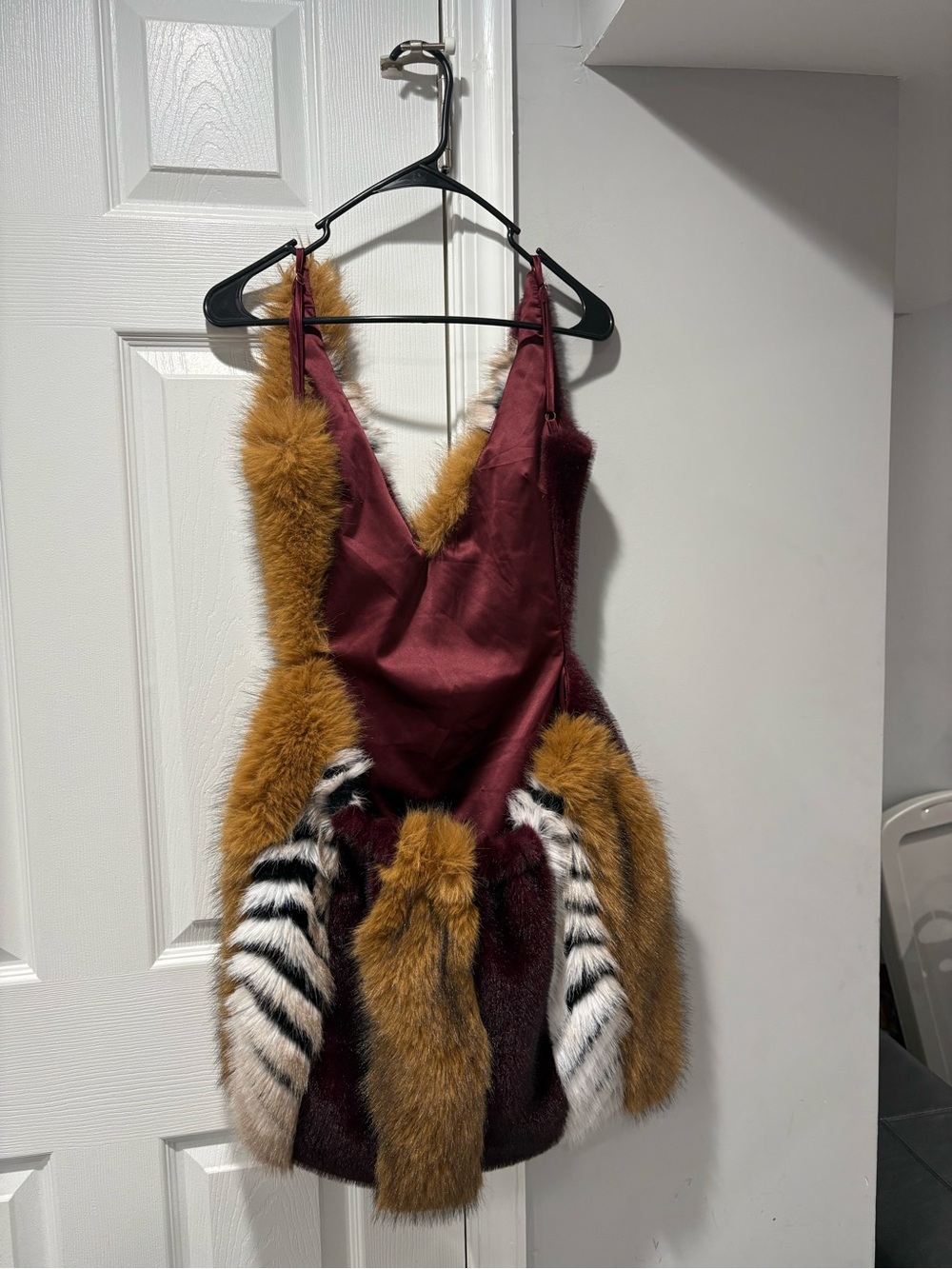 AKIRA Burgundy Mini Dress with Golden-Brown & Black-White Fur Accents